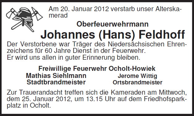 20.01.2012 – Wir trauern um unseren Alterskameraden Hans Feldhoff