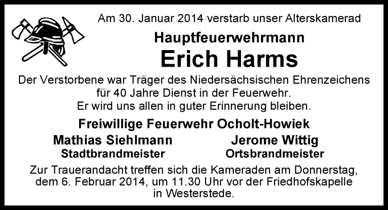 30.01.2014 – Wir trauern um unseren Alterskameraden Erich Harms